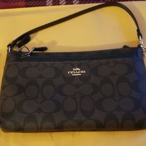 Signature PVC Pop Pouch Wristlet (Brown/Black) F52